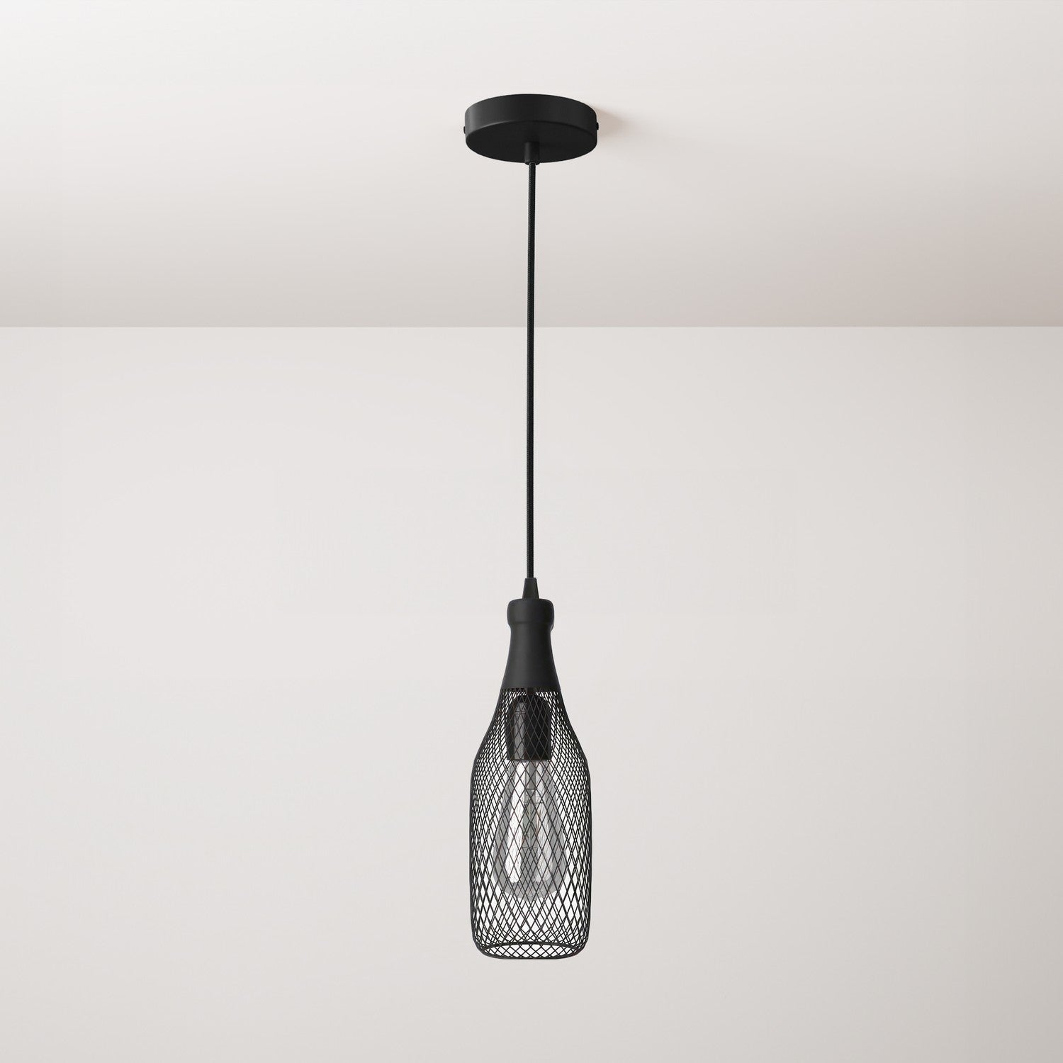 Lampada a sospensione completa di cavo tessile, paralume bottiglia Magnum e finiture in metallo - Nero