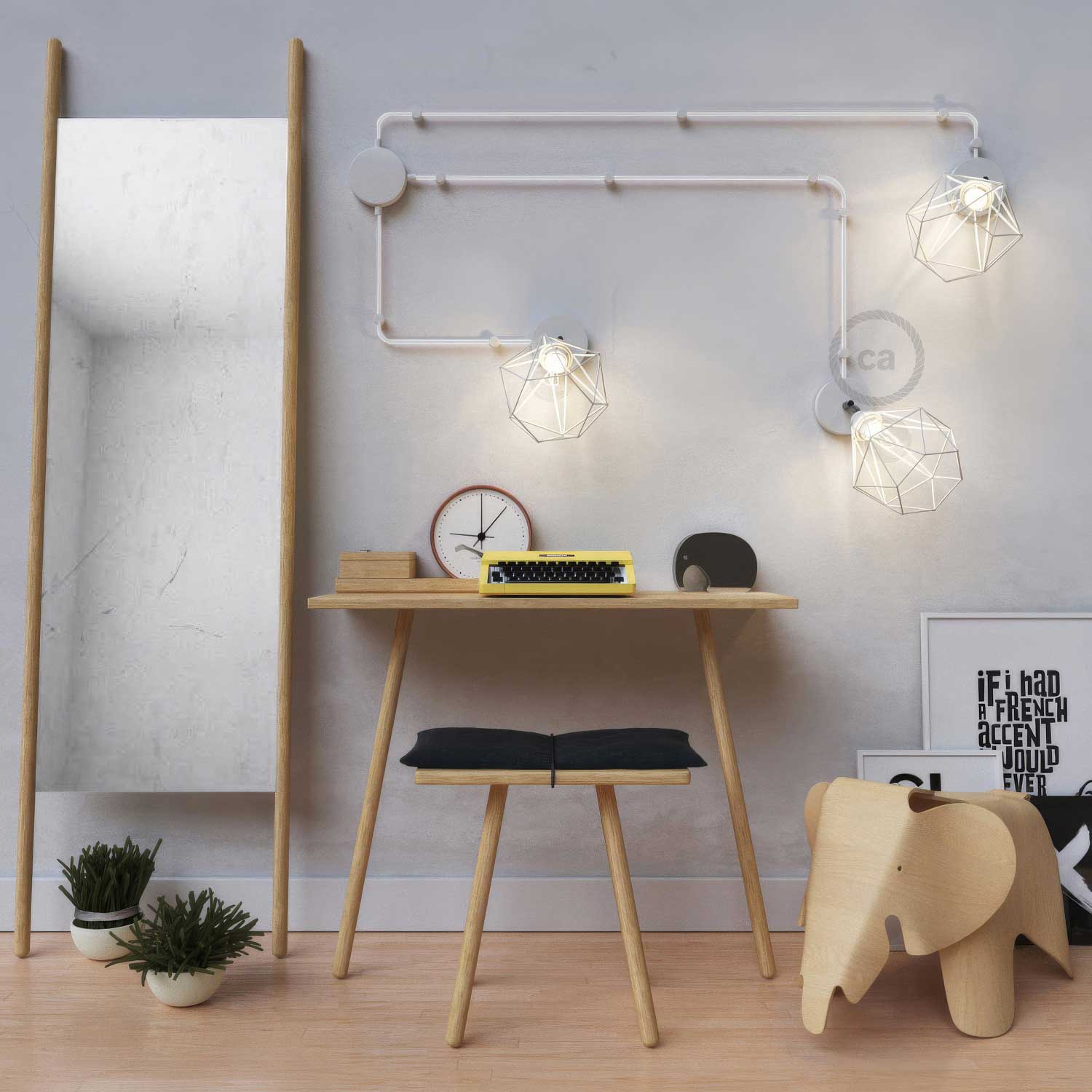 Spostaluce Metallo 90° orientabile, completo di portalampada E27 filettato, cavo tessile e fori laterali - Bianco